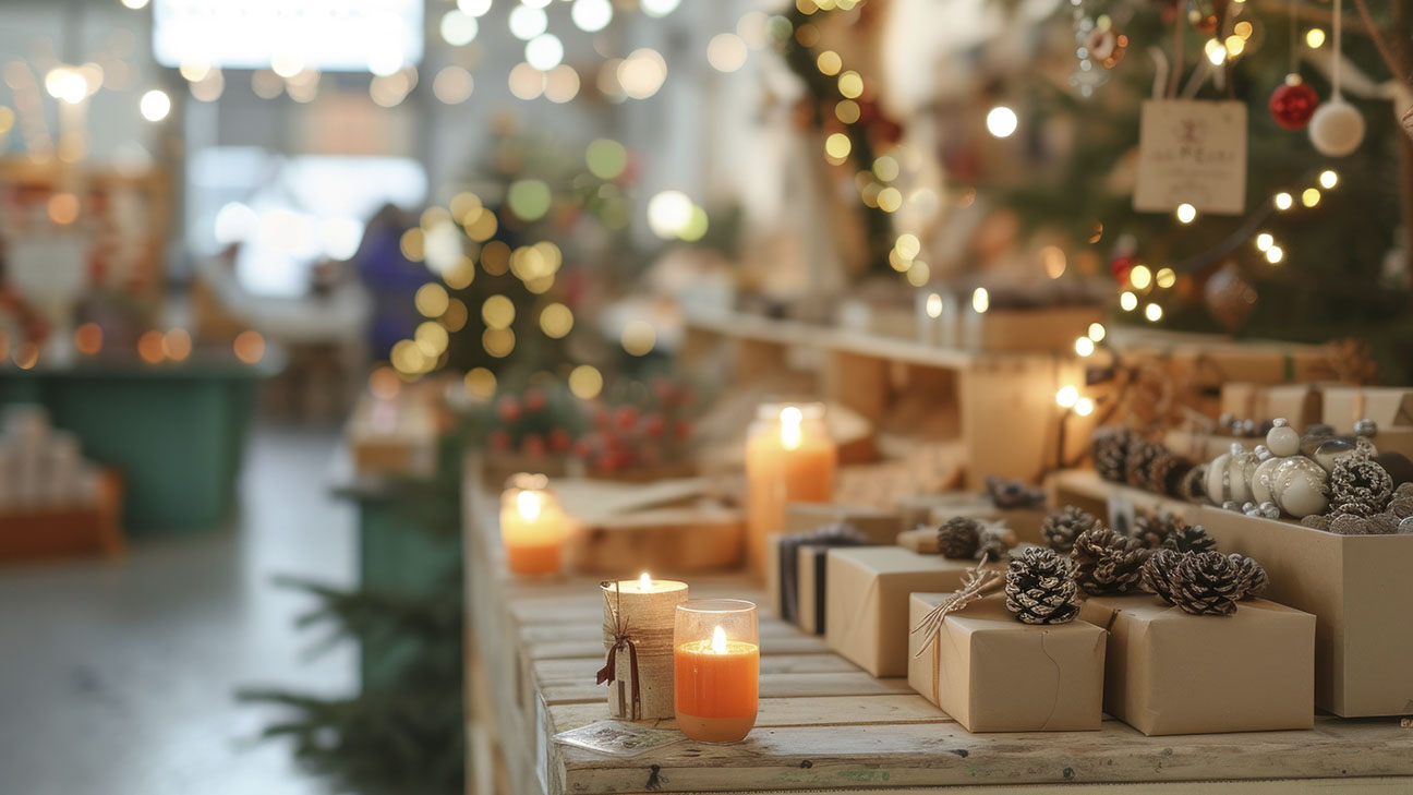 Presents sitting on a table with Christmas lights around.