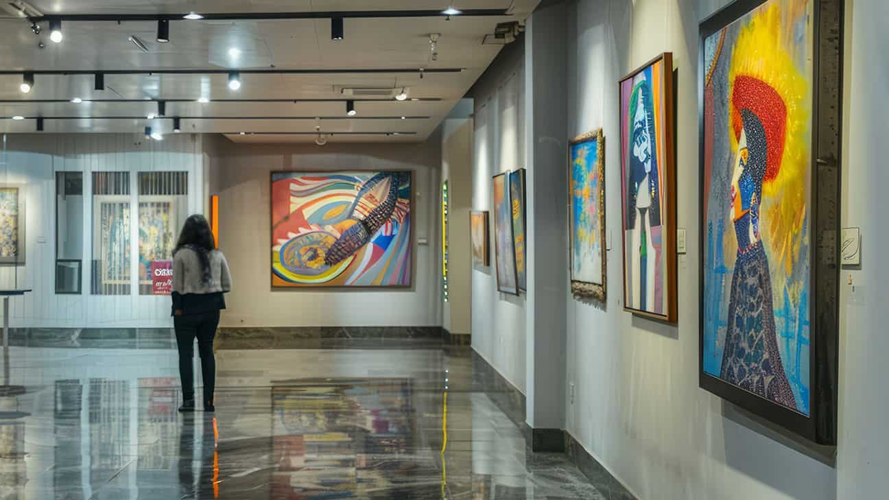 A person walking through the art exhibit at Semple Art Museum.