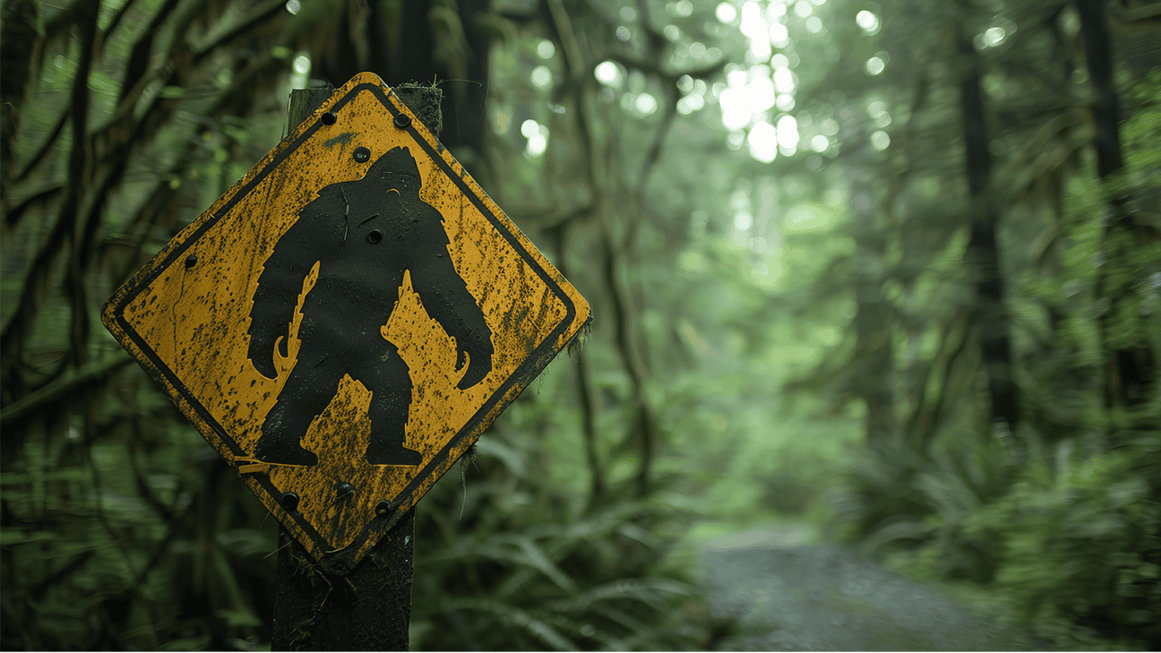 A bigfoot crossing sign in the woods.
