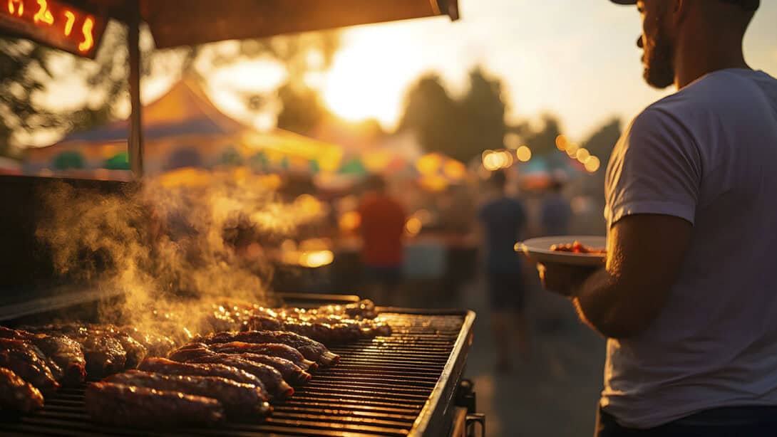 A man standing beside a grill with meat cooking on top.