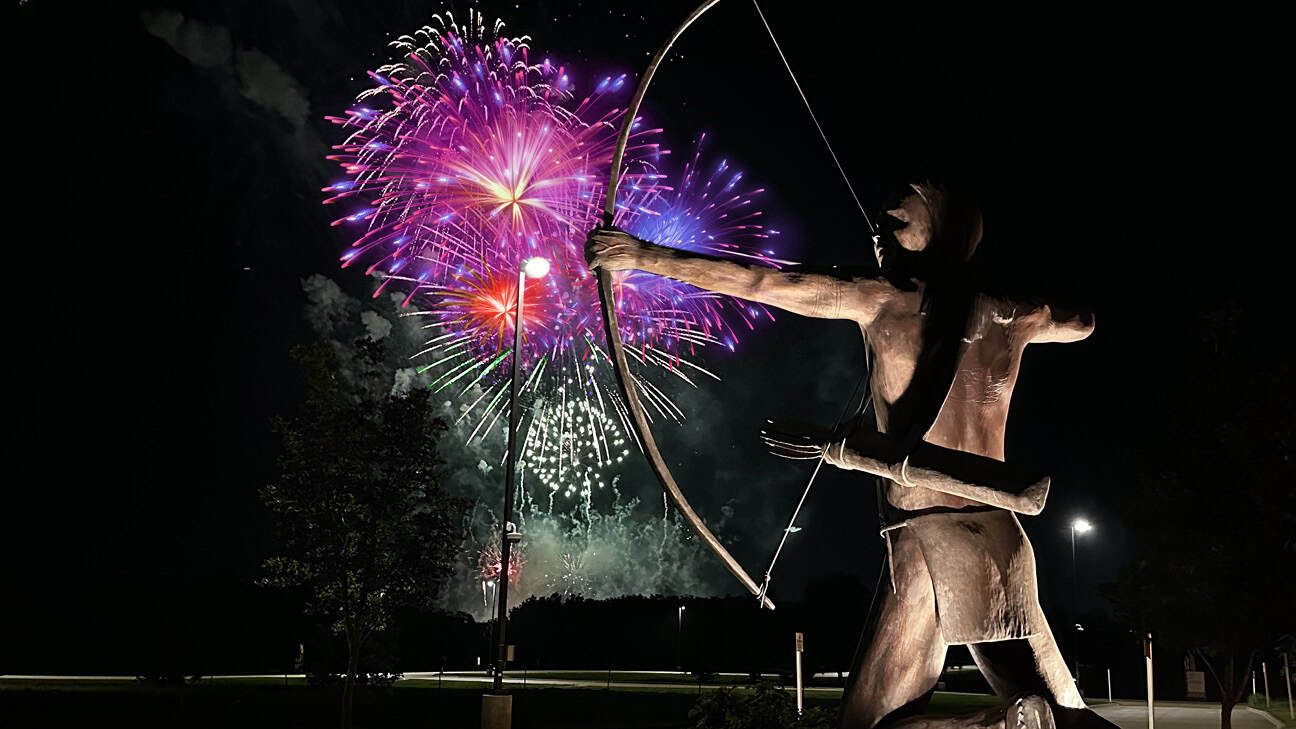 Fireworks going off behind the Choctaw Cultural Center.
