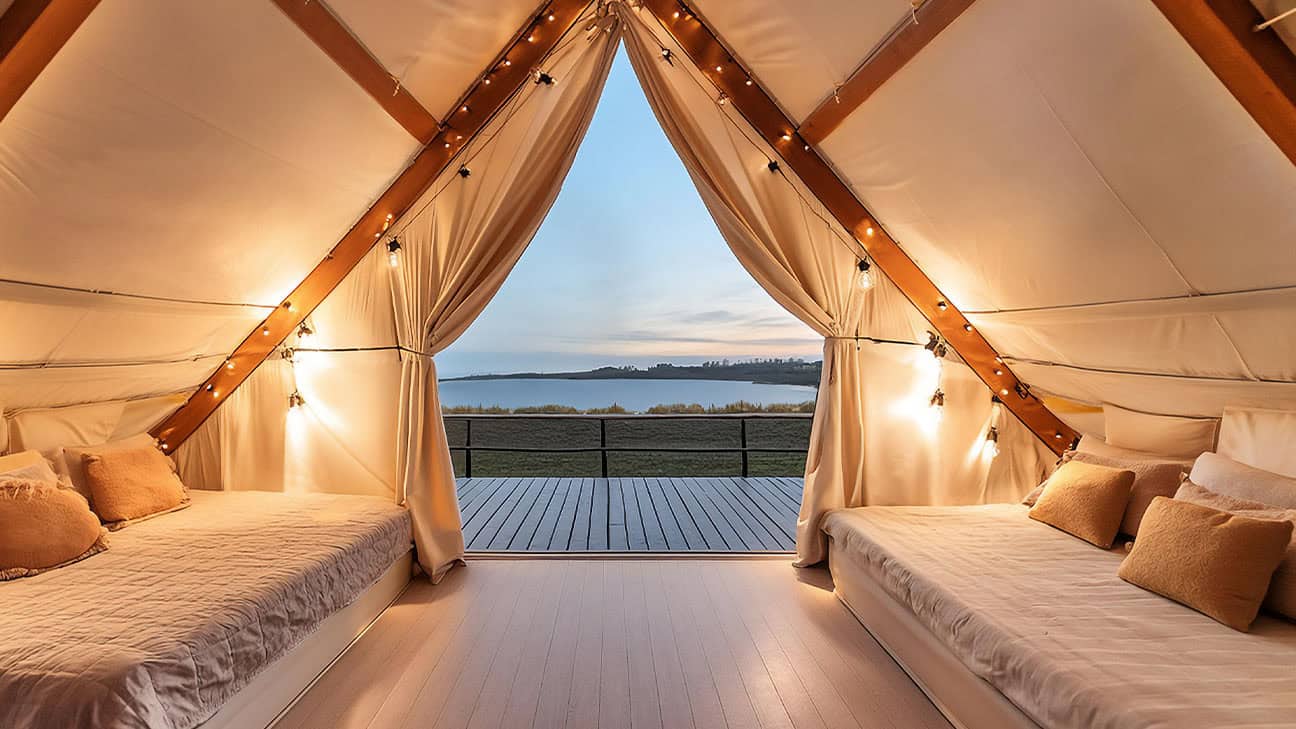 A glamping tent with two beds lit by fairy lights.