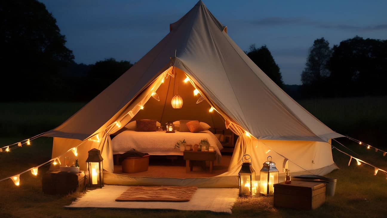 A yurt with fairy lights surrounding the outside.