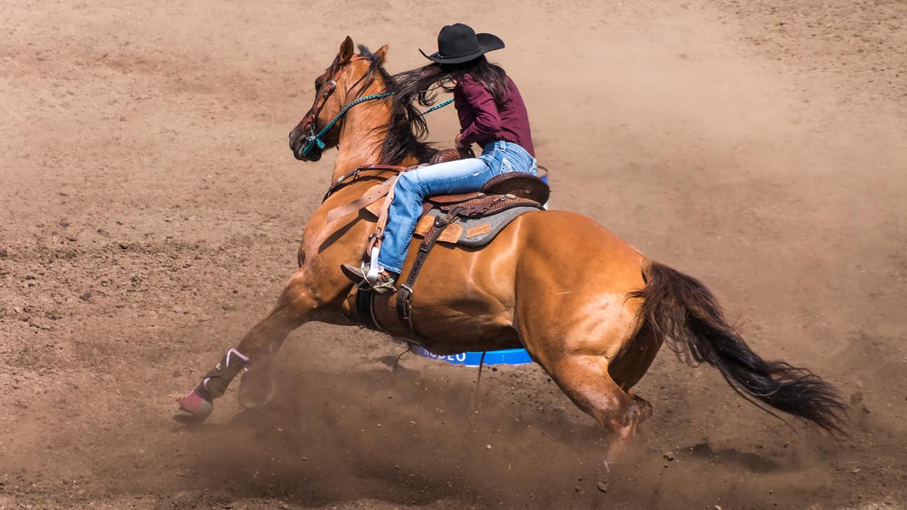 A woman barrel racing.