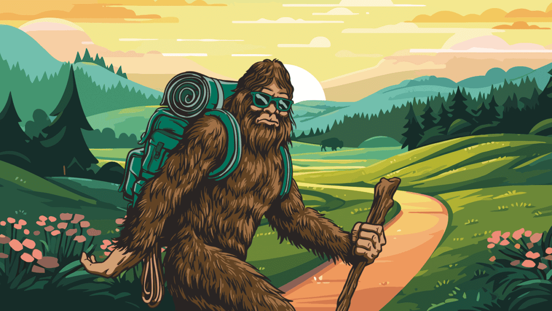 Sasquatch hiking across Oklahoma land